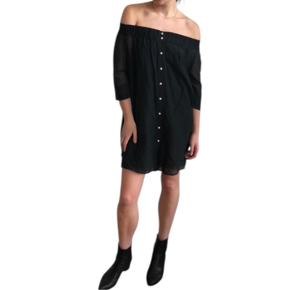 Antipodium Black Sheer Off the Shoulder 3/4 Sleeve Mini Dress w/ Pearl Buttons - Picture 2 of 16